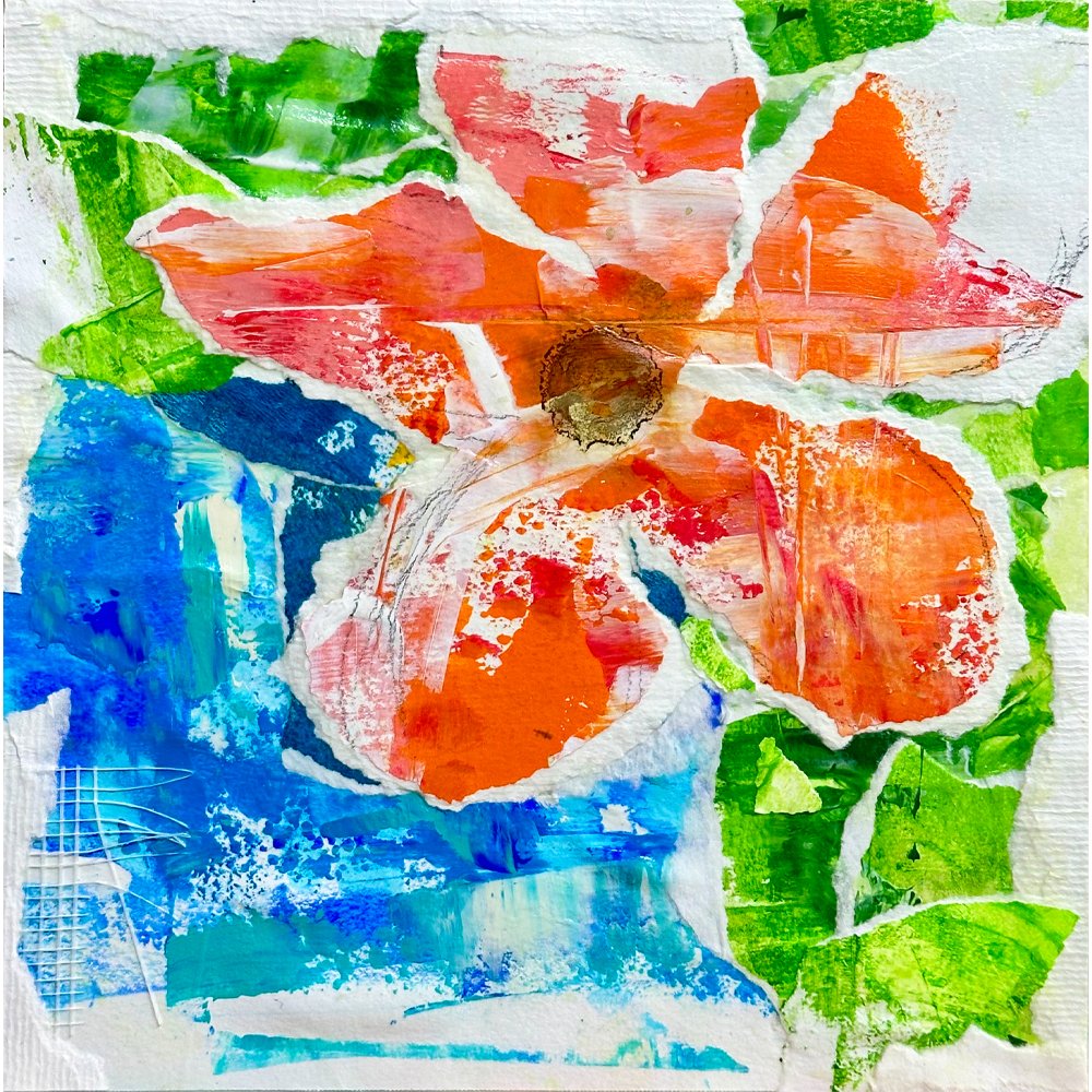 Flowers At The Lake Original Mixed Media Floral Collage Art